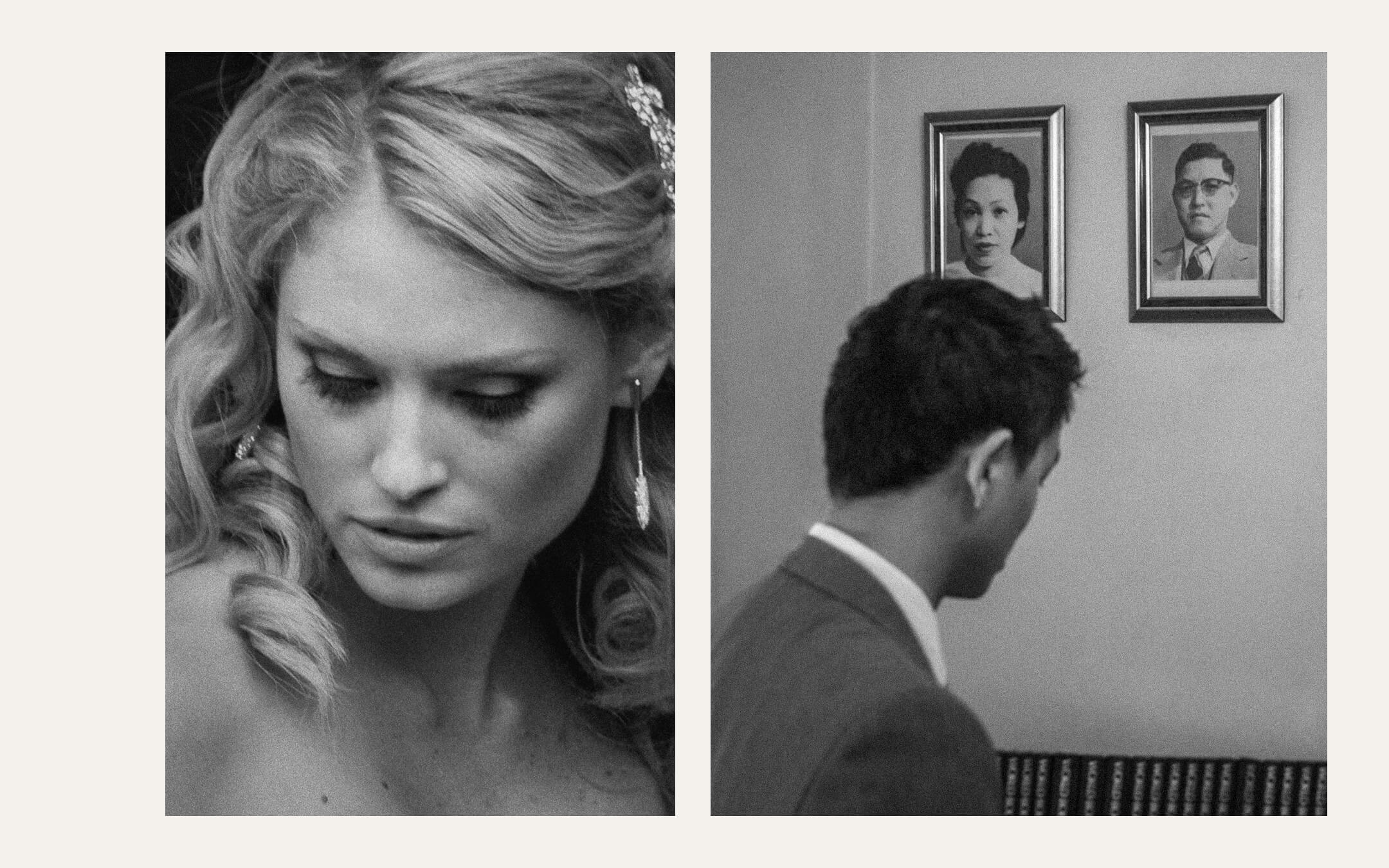 Bride looking down as her hair is finished, and a groom waiting beside framed family portraits. Ben Viljoen Photography