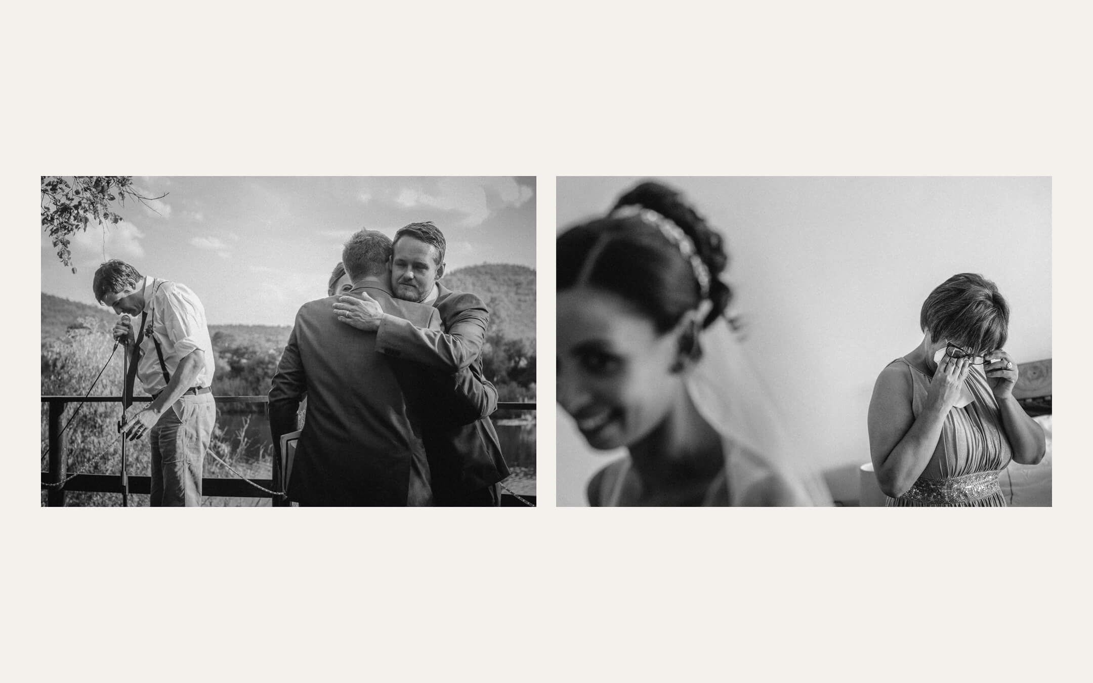 Groom embracing family, and a bride laughing beside a crying guest. Ben Viljoen Photography