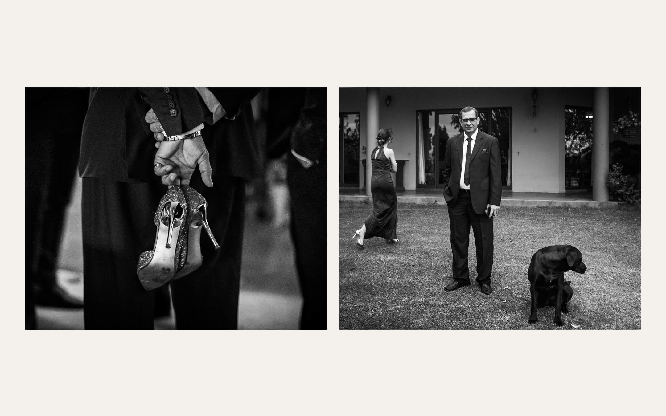 Groom holding a pair of shoes, and a guest waiting with a dog on a veranda. Ben Viljoen Photography