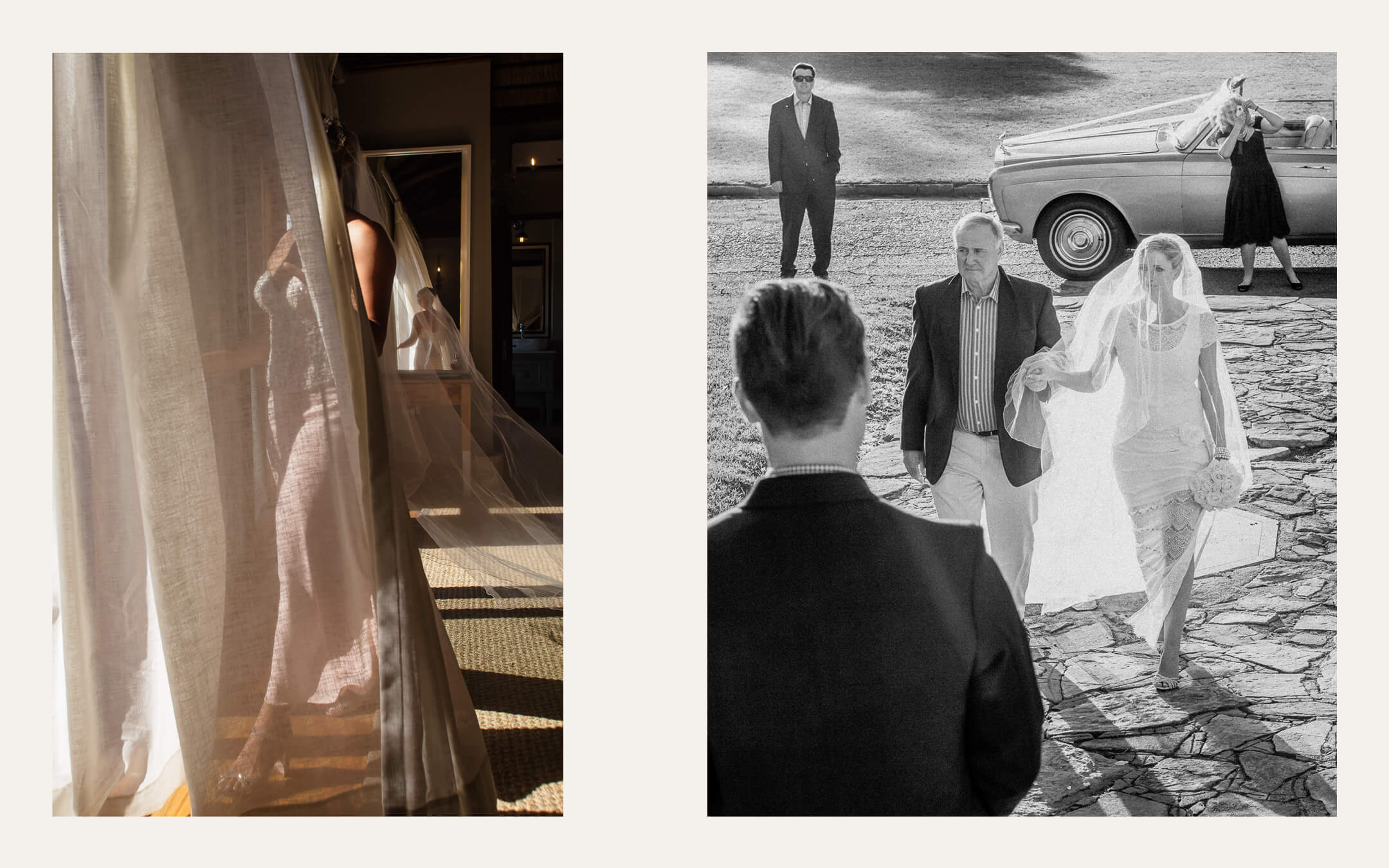 Bride behind a curtain, and a bride walking arm in arm with her father past a vintage car. Ben Viljoen Photography