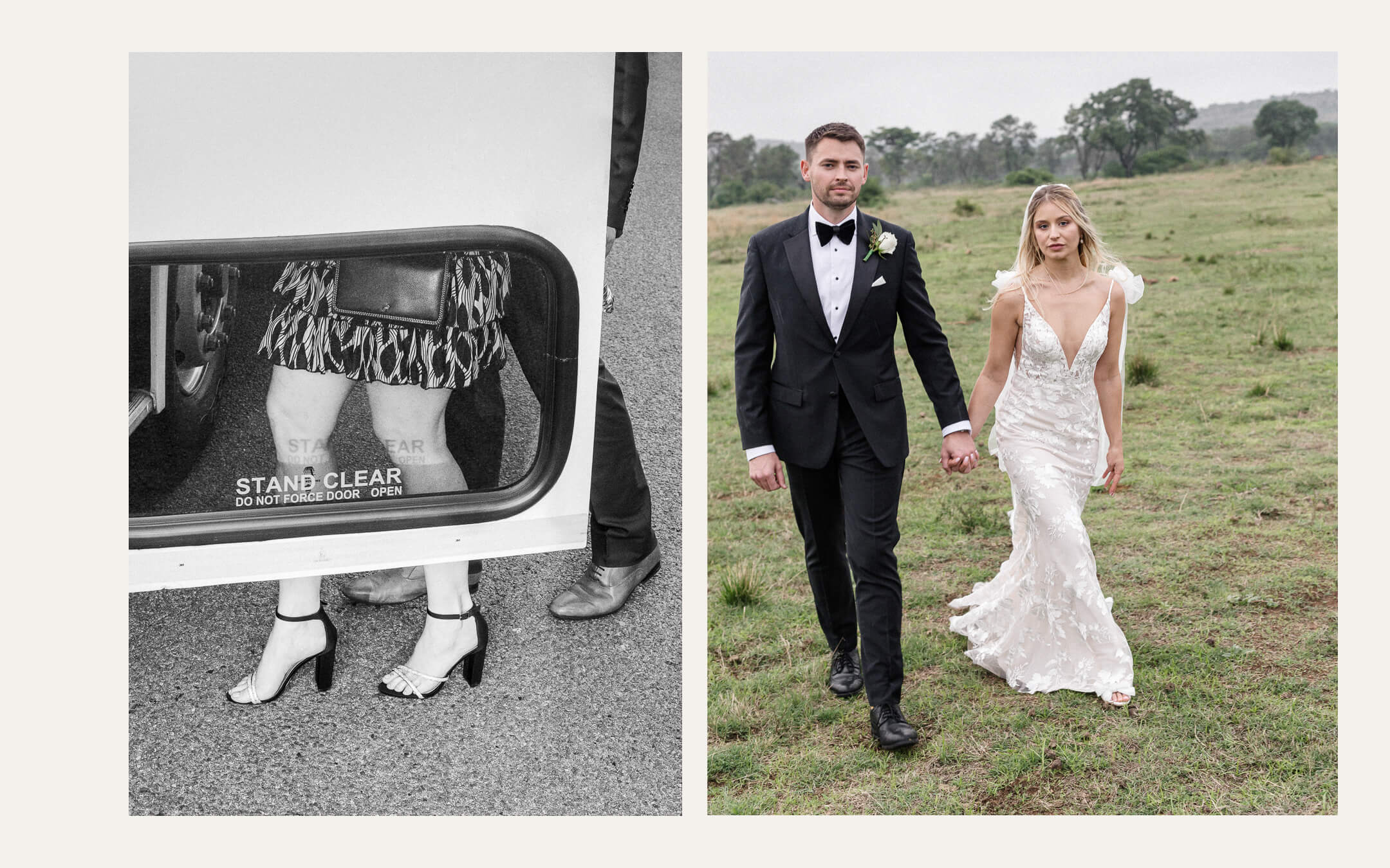 Bride and groom walking a grass field, and a detail of legs at a vehicle door. Ben Viljoen Photography