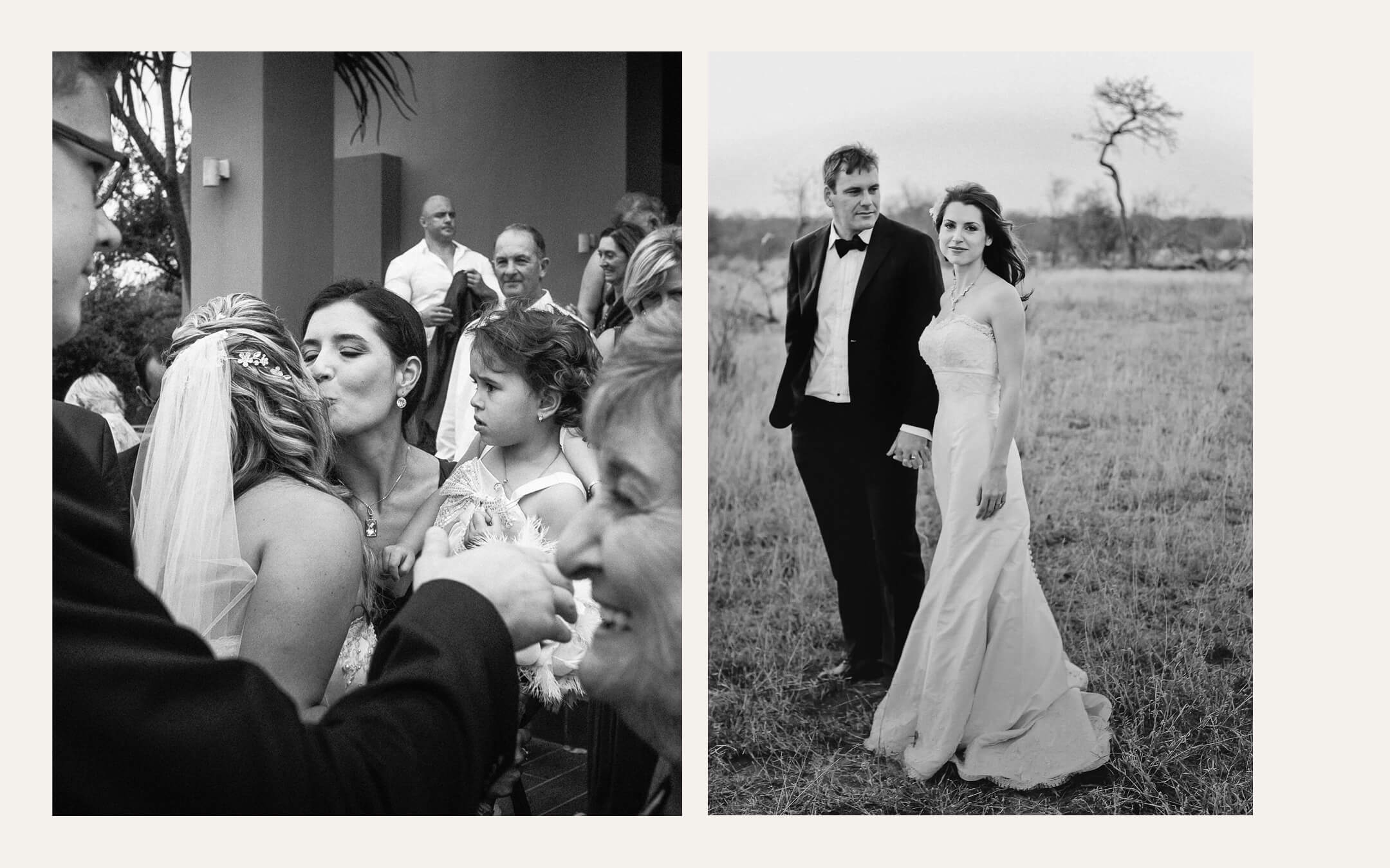 Bride greeting family after the ceremony, and a couple standing in the bush. Ben Viljoen Photography