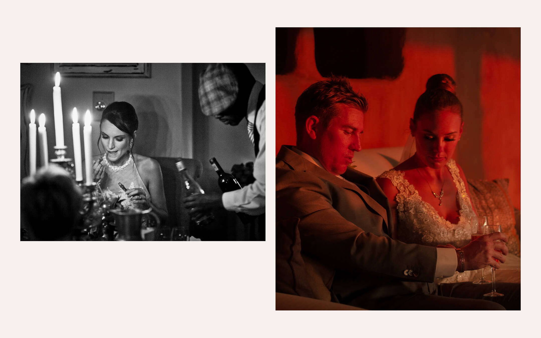 Guest at a candlelit table, and two guests seated in red light. Ben Viljoen Photography