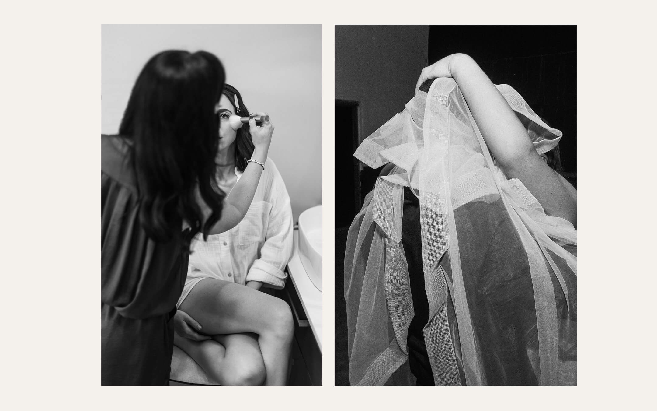 Bride getting ready in a bathroom, and a veil covering her face. Ben Viljoen Photography