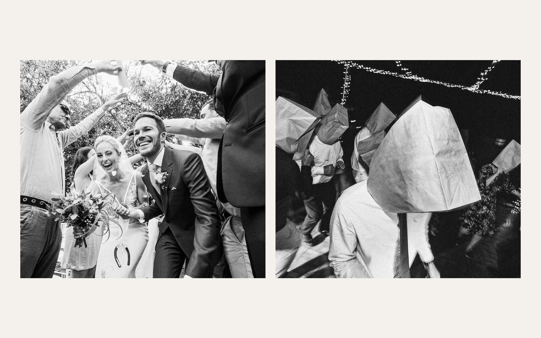 Guests around the couple with confetti, and a guest with a paper bag over their head. Ben Viljoen Photography