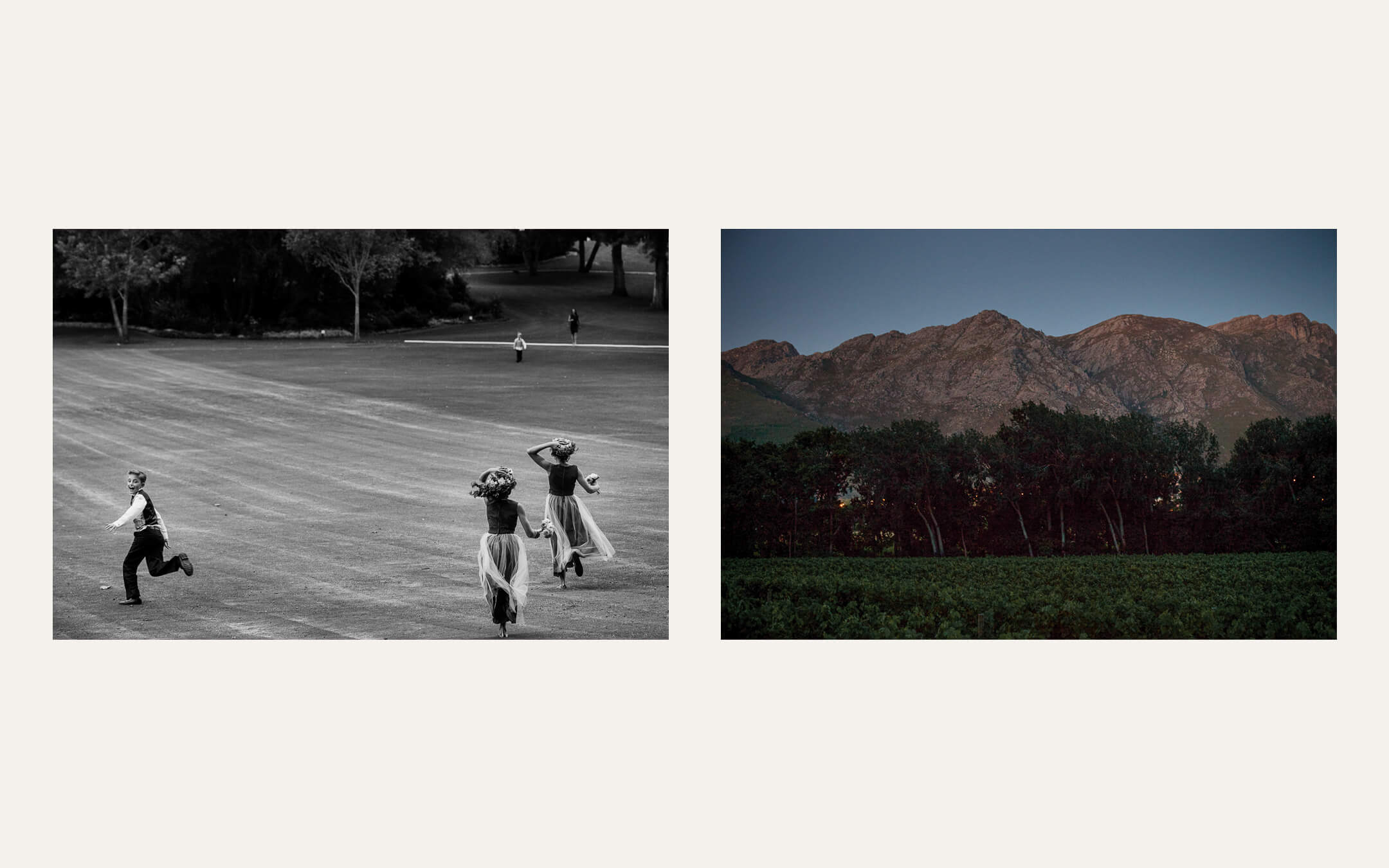Children running on a lawn, and a vineyard beneath mountains at dusk. Ben Viljoen Photography