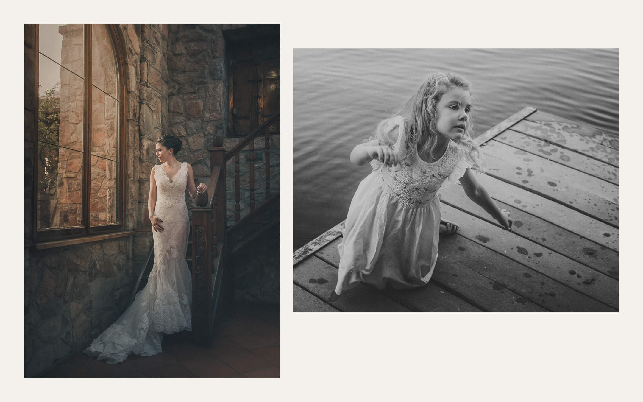Bride on a stone staircase, and a girl kneeling on a jetty at the water’s edge. Ben Viljoen Photography